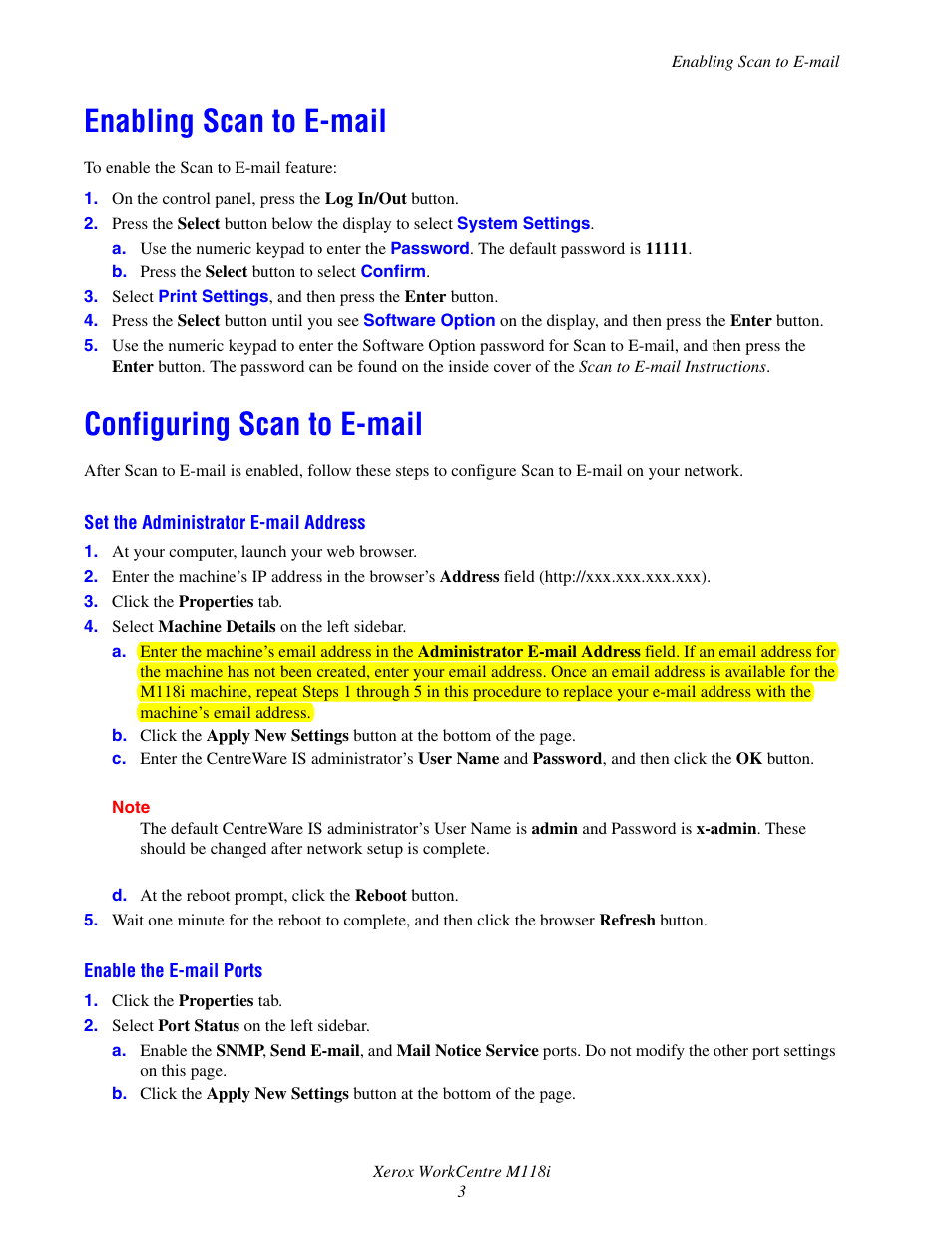 Enabling scan to e-mail, Configuring scan to e-mail, Configuring scan to | E-mail | Xerox WorkCentre M118i-4252 User Manual | Page 3 / 5