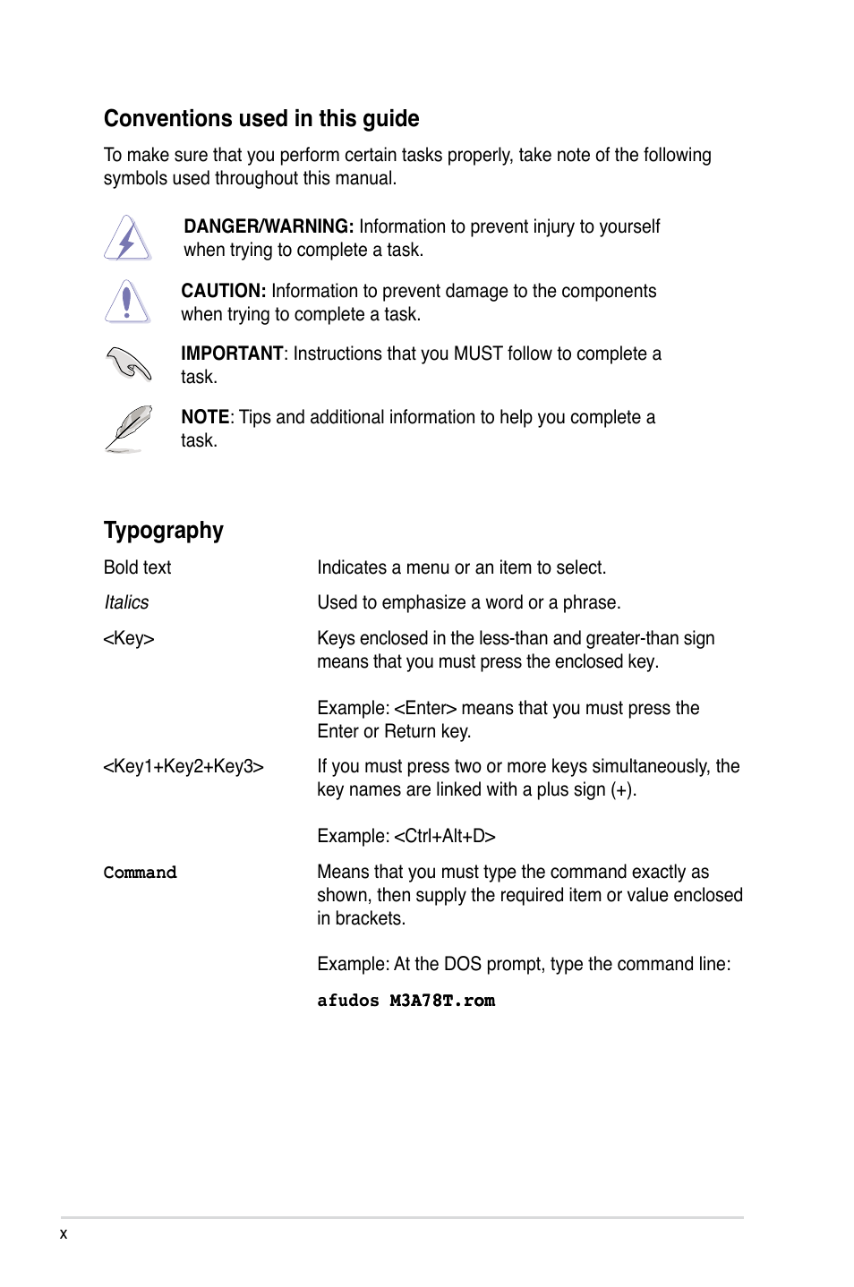 Conventions used in this guide, Typography | Asus M3A78-T User Manual | Page 10 / 166