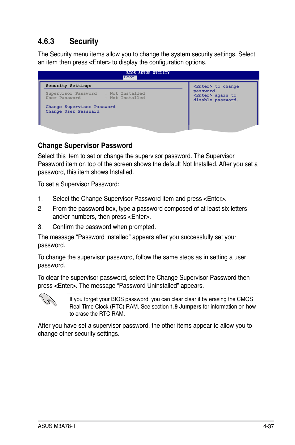 3 security, Change supervisor password | Asus M3A78-T User Manual | Page 101 / 166