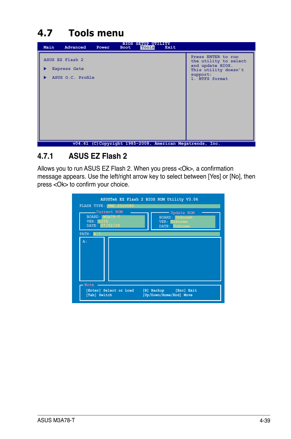 7 tools menu, 1 asus ez flash 2 | Asus M3A78-T User Manual | Page 103 / 166