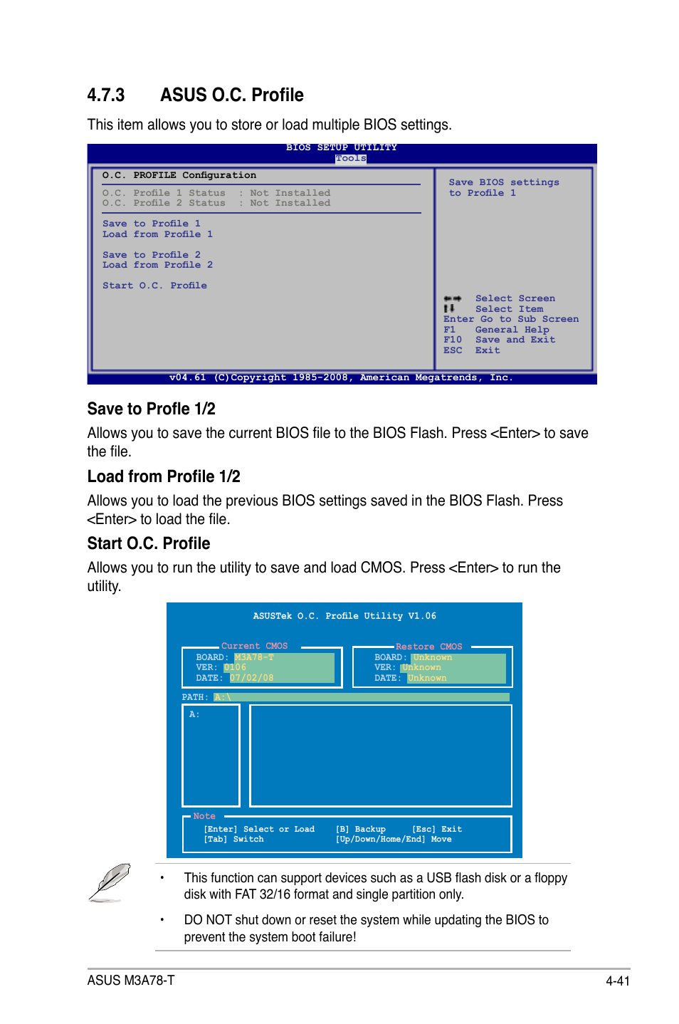 3 asus o.c. profile, Save to profle 1/2, Load from profile 1/2 | Start o.c. profile | Asus M3A78-T User Manual | Page 105 / 166