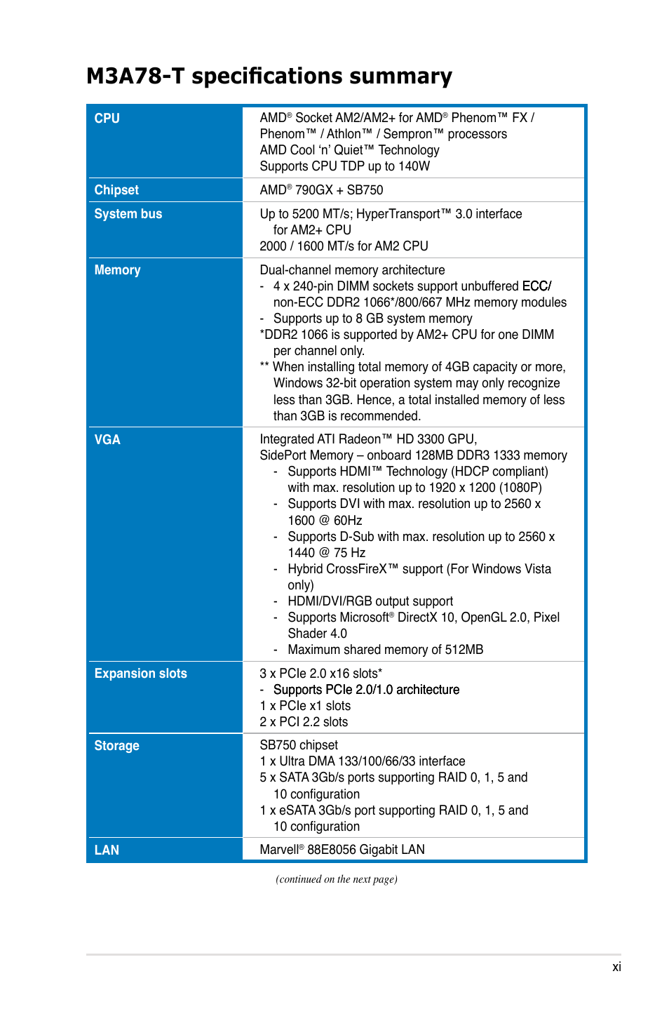 M3a78-t specifications summary | Asus M3A78-T User Manual | Page 11 / 166