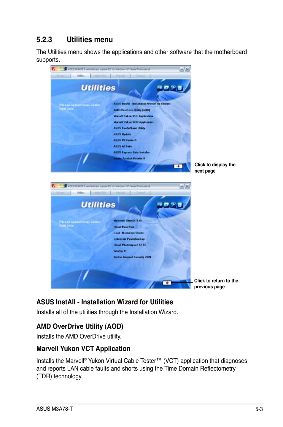 3 utilities menu, Asus install - installation wizard for utilities, Amd overdrive utility (aod) | Marvell yukon vct application | Asus M3A78-T User Manual | Page 111 / 166