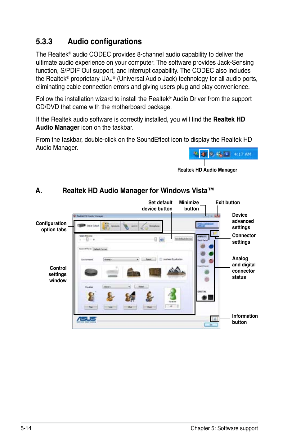 3 audio configurations, A. realtek hd audio manager for windows vista | Asus M3A78-T User Manual | Page 122 / 166