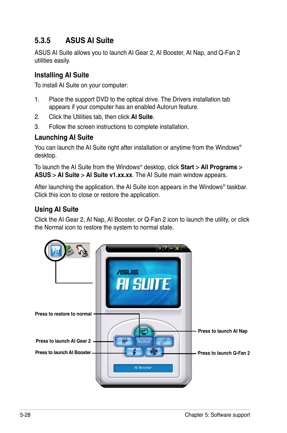 5 asus ai suite, Installing ai suite, Launching ai suite | Using ai suite | Asus M3A78-T User Manual | Page 136 / 166