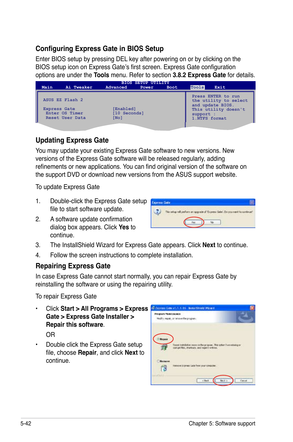 Configuring express gate in bios setup, Updating express gate, Repairing express gate | Asus M3A78-T User Manual | Page 150 / 166