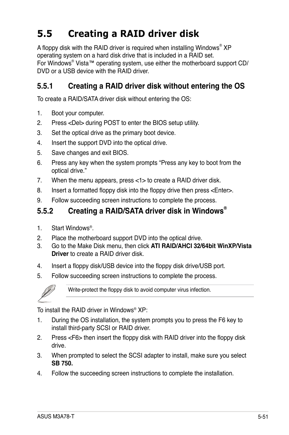 5 creating a raid driver disk, 2 creating a raid/sata driver disk in windows | Asus M3A78-T User Manual | Page 159 / 166