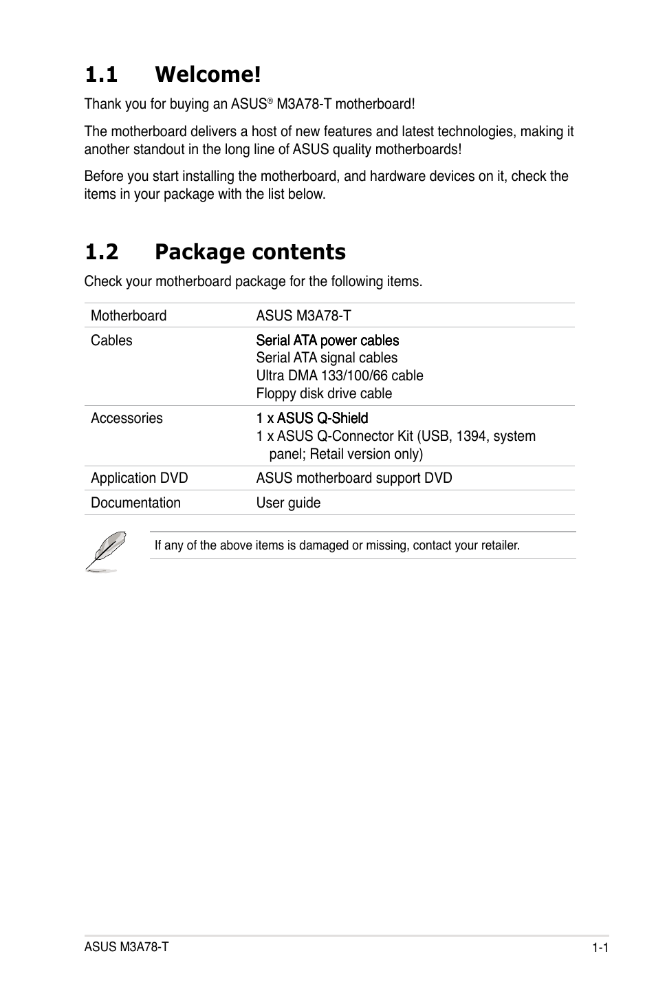 1 welcome, 2 package contents | Asus M3A78-T User Manual | Page 17 / 166