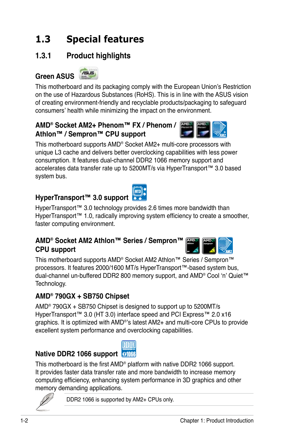 3 special features, 1 product highlights | Asus M3A78-T User Manual | Page 18 / 166