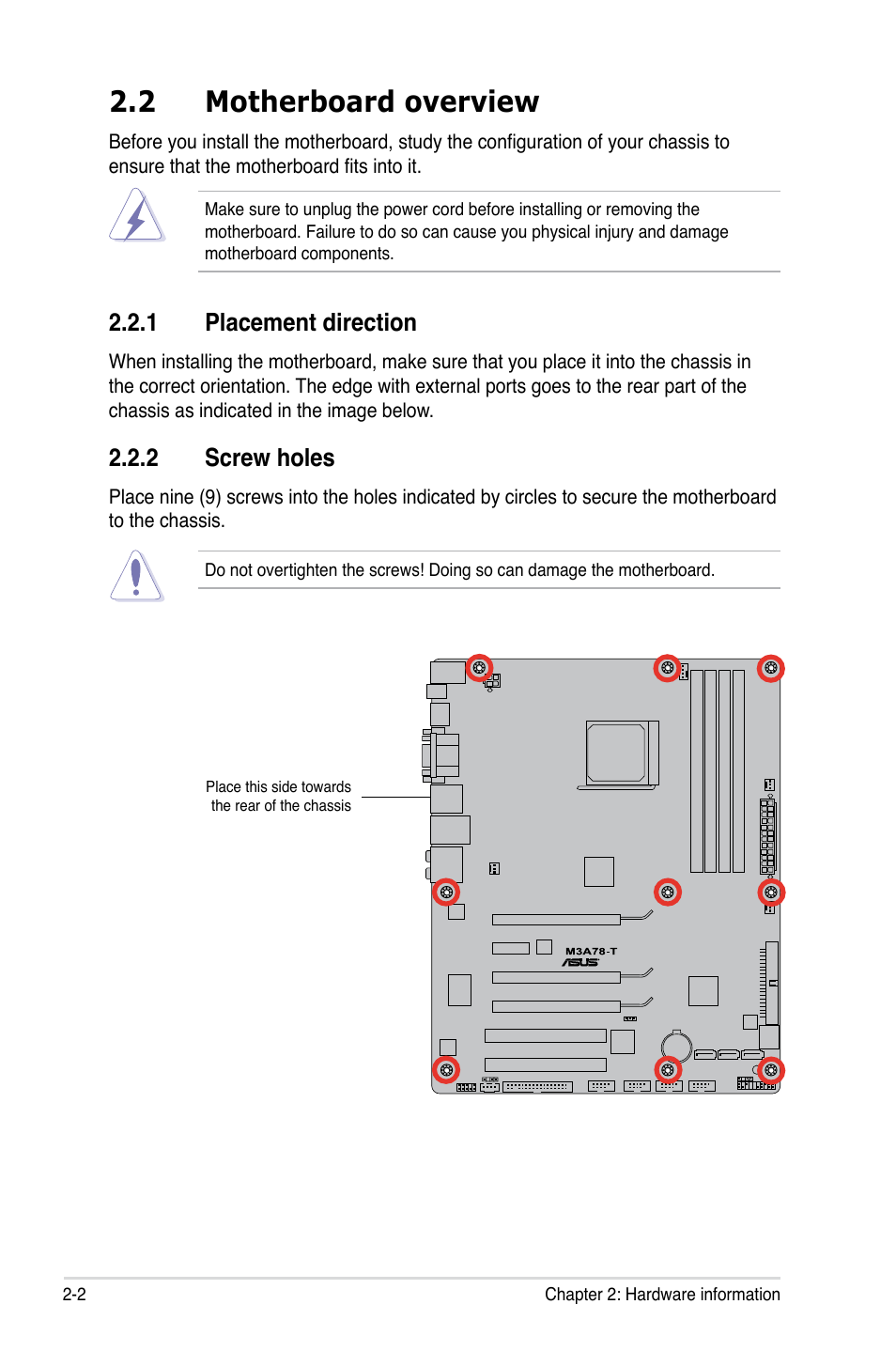 2 motherboard overview, 1 placement direction, 2 screw holes | Asus M3A78-T User Manual | Page 26 / 166