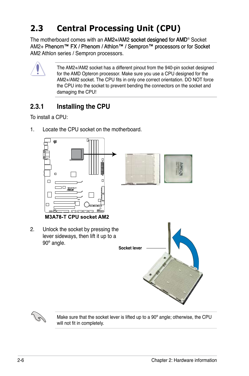 3 central processing unit (cpu), 1 installing the cpu | Asus M3A78-T User Manual | Page 30 / 166