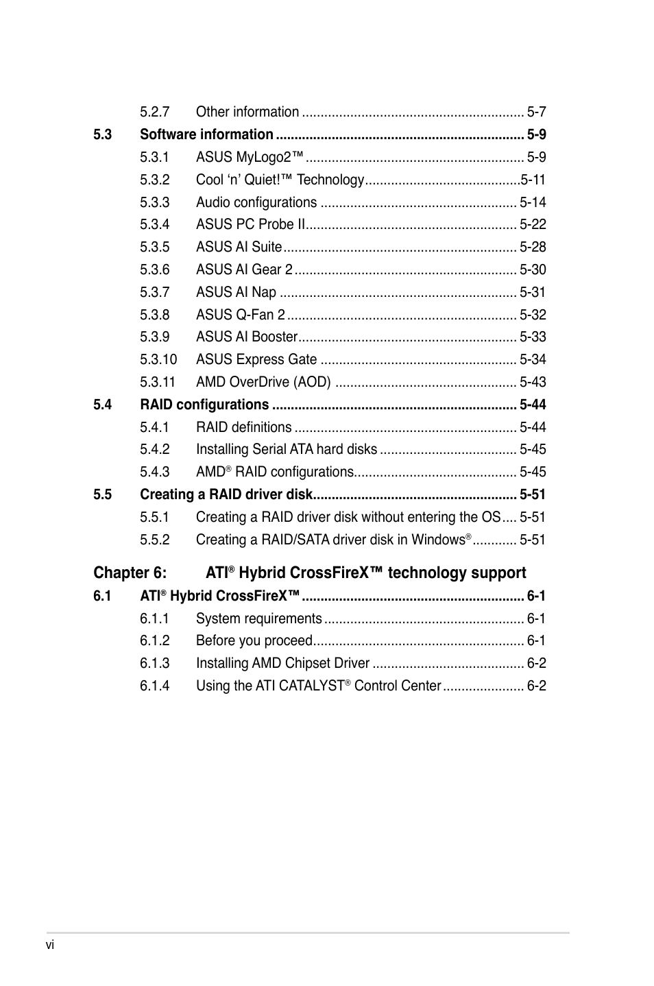 Chapter 6: ati, Hybrid crossfirex™ technology support | Asus M3A78-T User Manual | Page 6 / 166