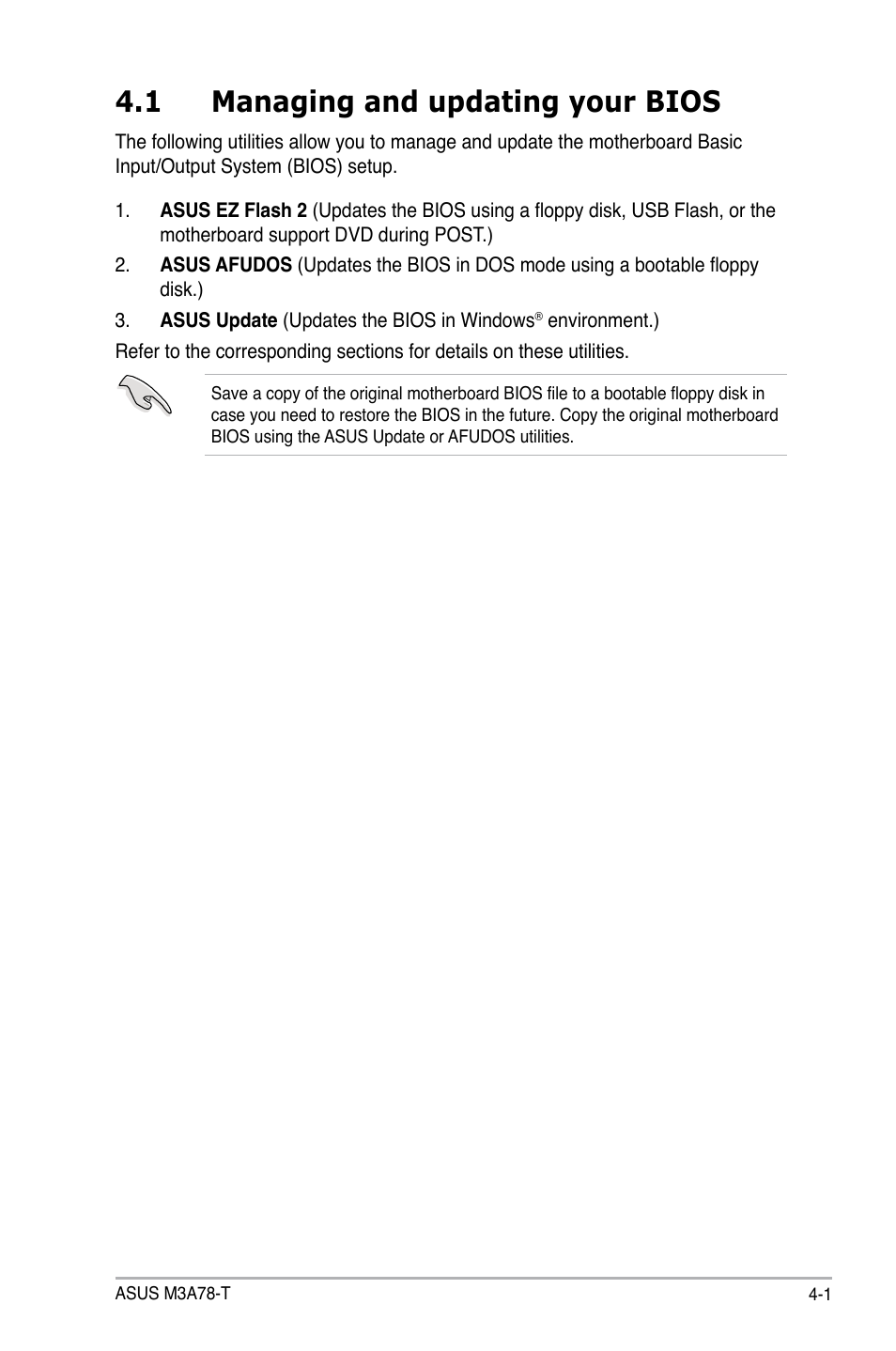 1 managing and updating your bios | Asus M3A78-T User Manual | Page 65 / 166