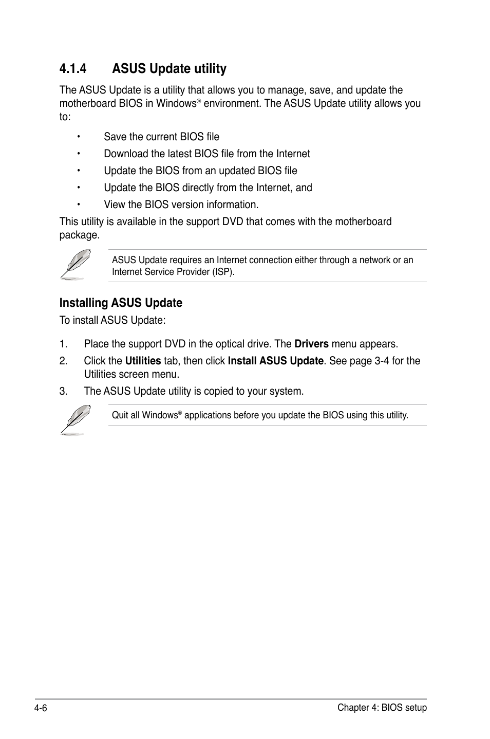 4 asus update utility, Installing asus update | Asus M3A78-T User Manual | Page 70 / 166