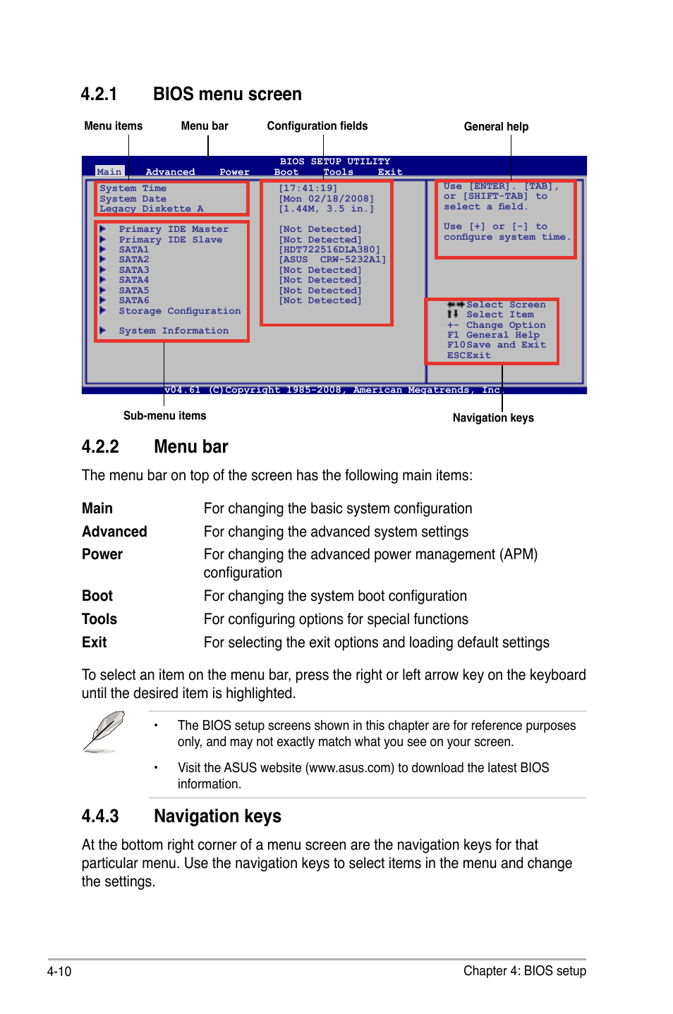 1 bios menu screen, 2 menu bar, 3 navigation keys | Asus M3A78-T User Manual | Page 74 / 166