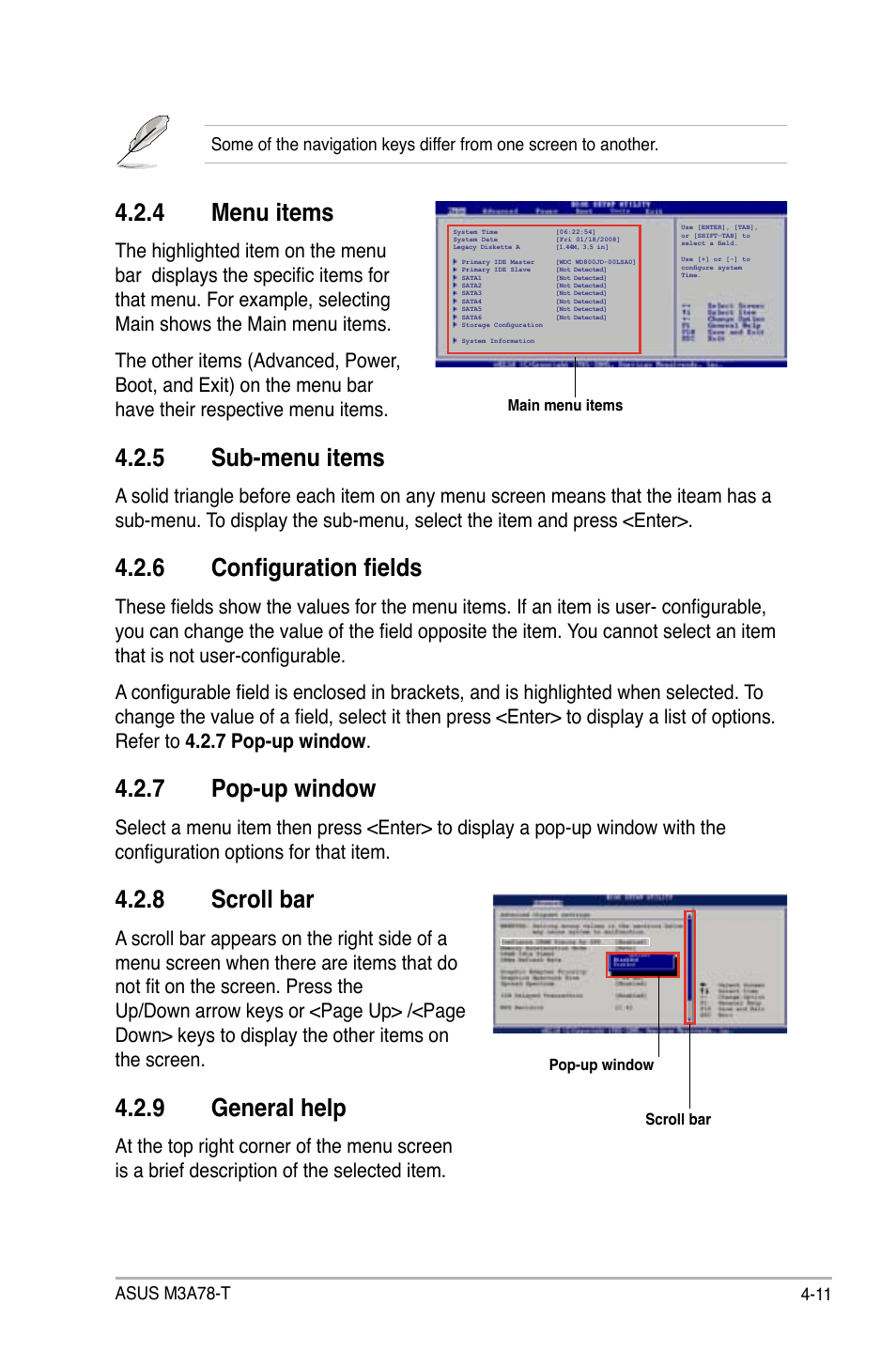 4 menu items, 5 sub-menu items, 6 configuration fields | 7 pop-up window, 8 scroll bar, 9 general help | Asus M3A78-T User Manual | Page 75 / 166