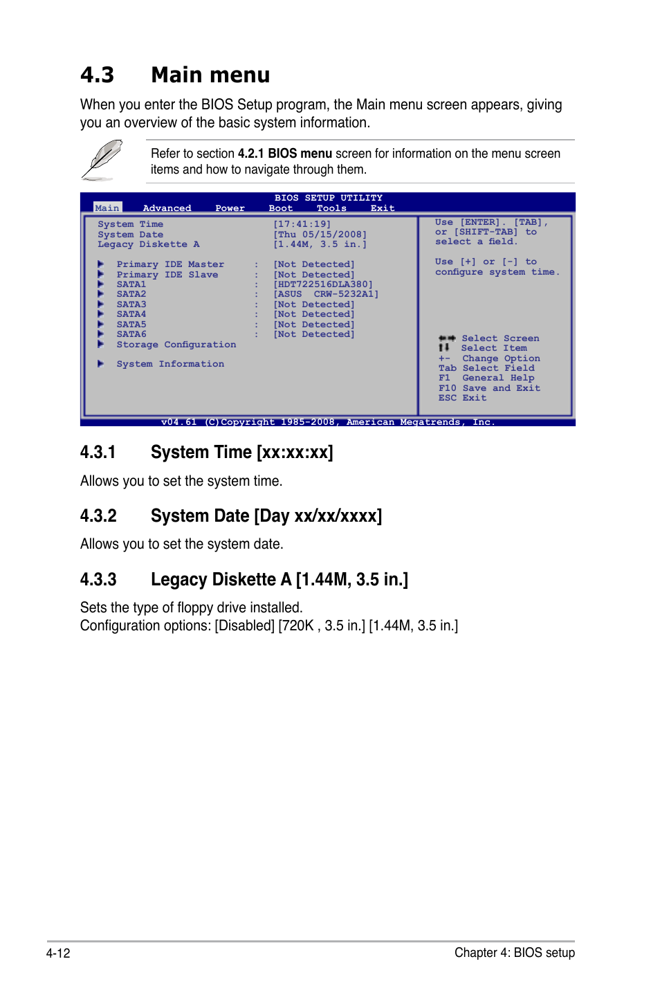 3 main menu, 1 system time [xx:xx:xx, Allows you to set the system time | Allows you to set the system date | Asus M3A78-T User Manual | Page 76 / 166