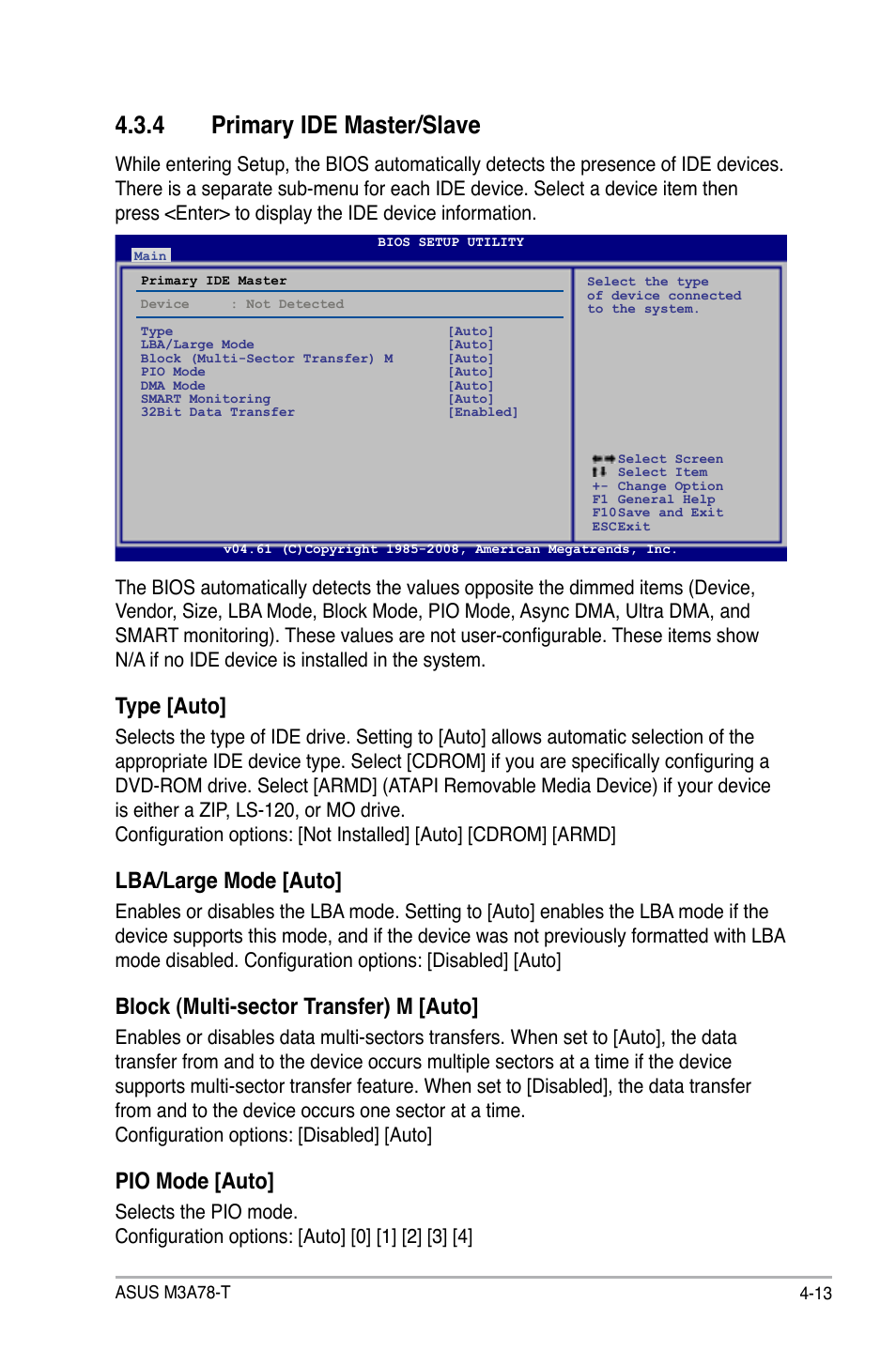 4 primary ide master/slave, Type [auto, Lba/large mode [auto | Block (multi-sector transfer) m [auto, Pio mode [auto | Asus M3A78-T User Manual | Page 77 / 166