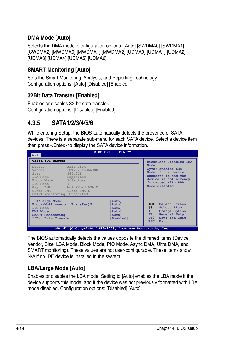 Dma mode [auto, Smart monitoring [auto, 32bit data transfer [enabled | Lba/large mode [auto | Asus M3A78-T User Manual | Page 78 / 166