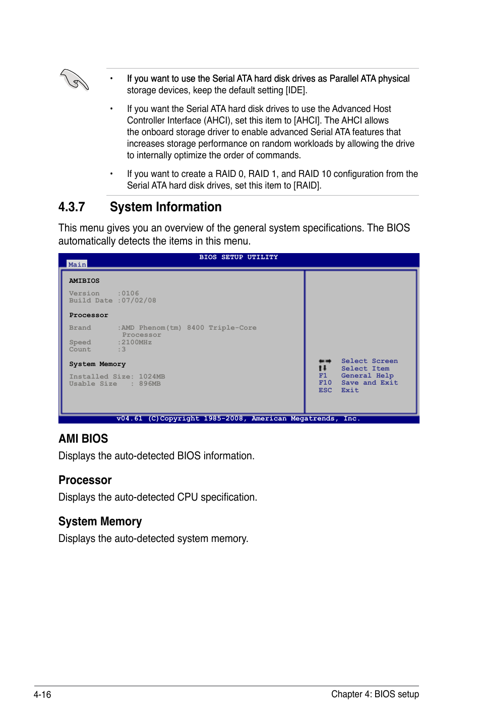 7 system information, Ami bios, Processor | Asus M3A78-T User Manual | Page 80 / 166