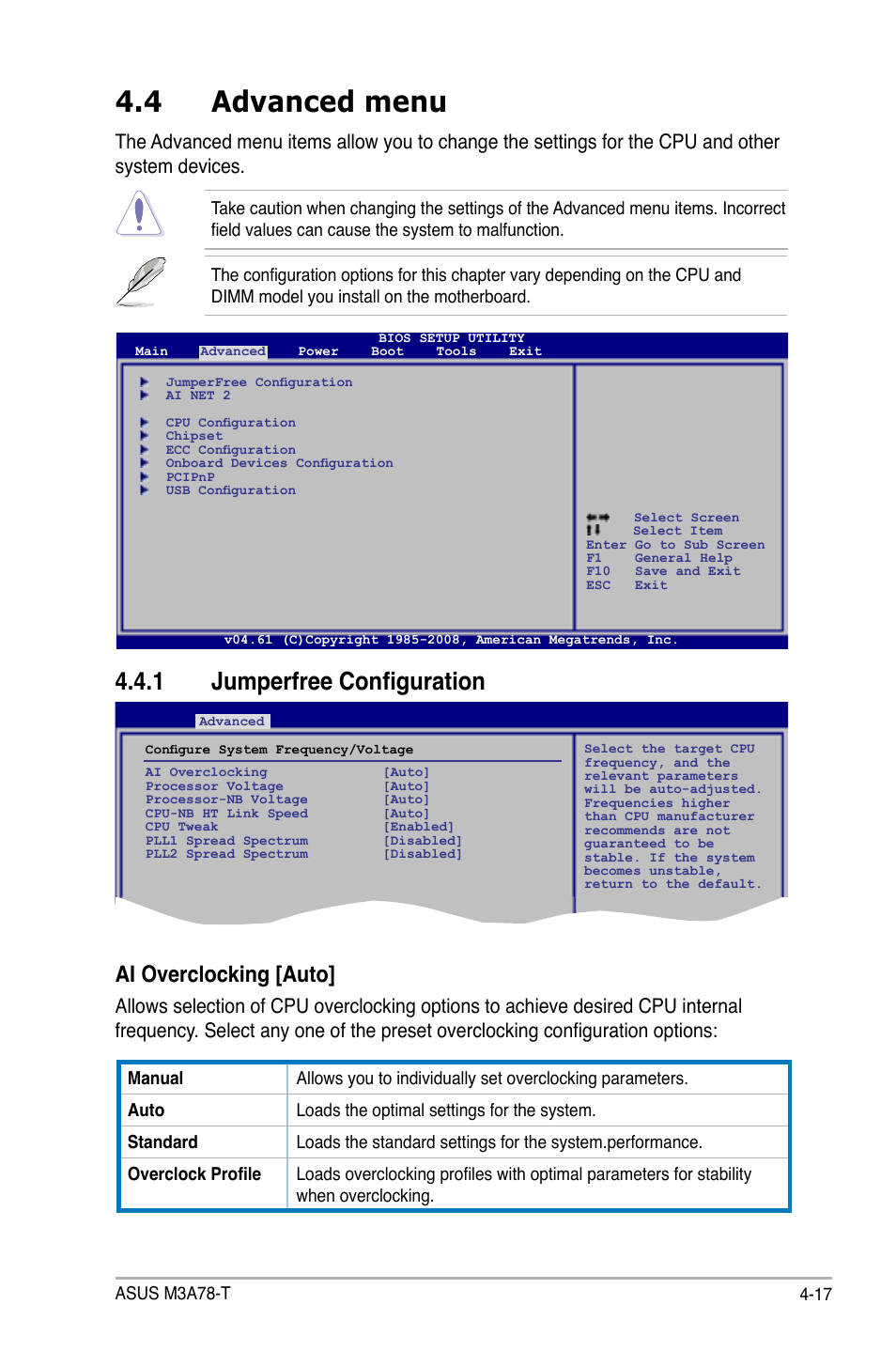 4 advanced menu, 1 jumperfree configuration, Ai overclocking [auto | Asus M3A78-T User Manual | Page 81 / 166