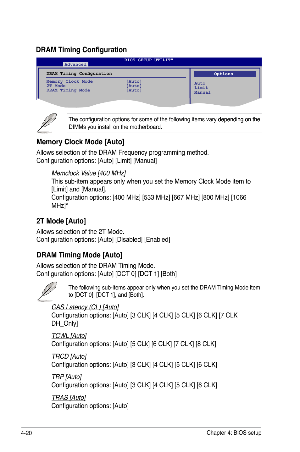 2t mode [auto, Dram timing mode [auto | Asus M3A78-T User Manual | Page 84 / 166