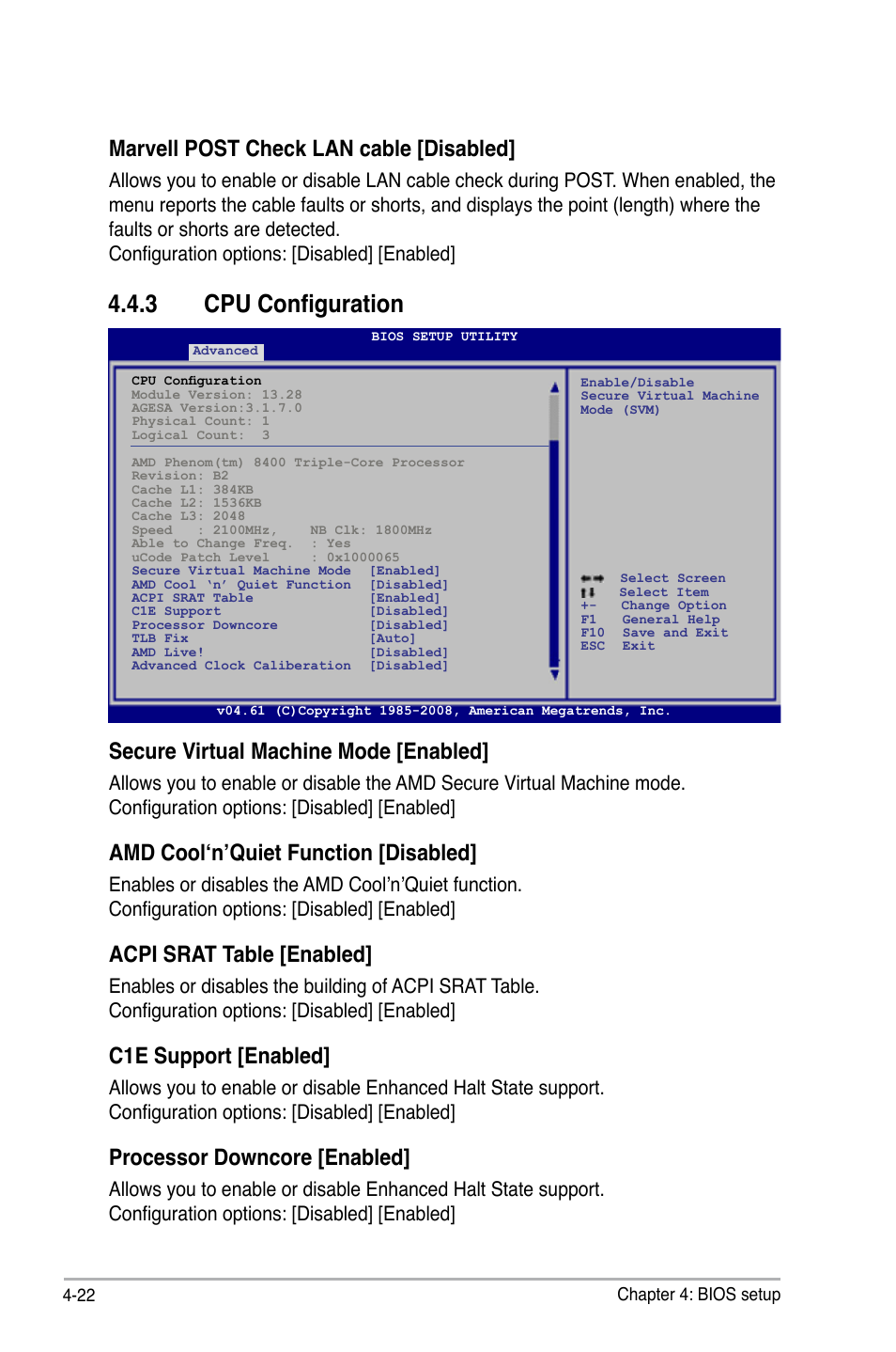 3 cpu configuration, Marvell post check lan cable [disabled, Secure virtual machine mode [enabled | Amd cool‘n’quiet function [disabled, Acpi srat table [enabled, C1e support [enabled, Processor downcore [enabled | Asus M3A78-T User Manual | Page 86 / 166