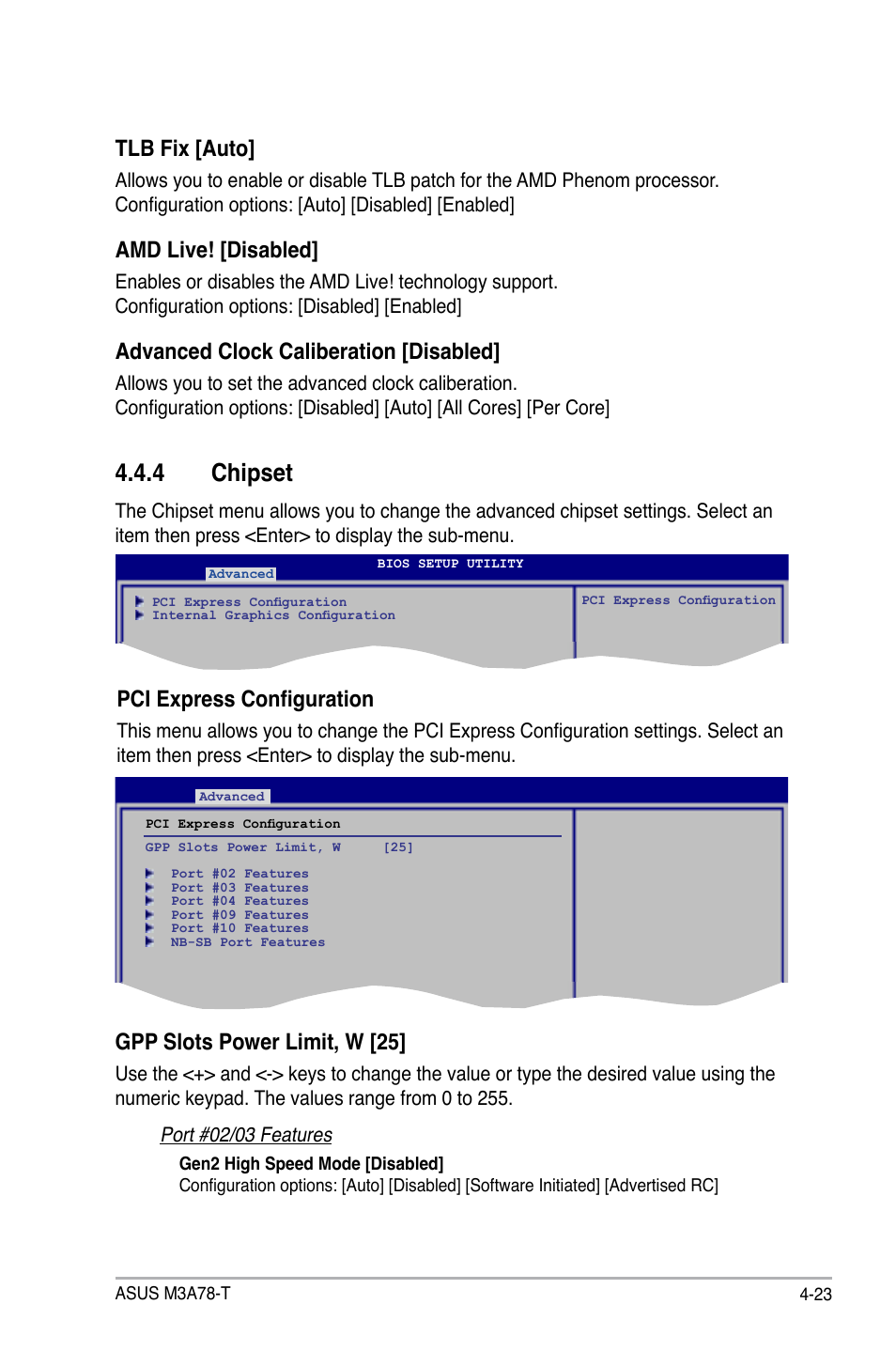 4 chipset, Pci express configuration, Gpp slots power limit, w [25 | Tlb fix [auto, Amd live! [disabled, Advanced clock caliberation [disabled | Asus M3A78-T User Manual | Page 87 / 166