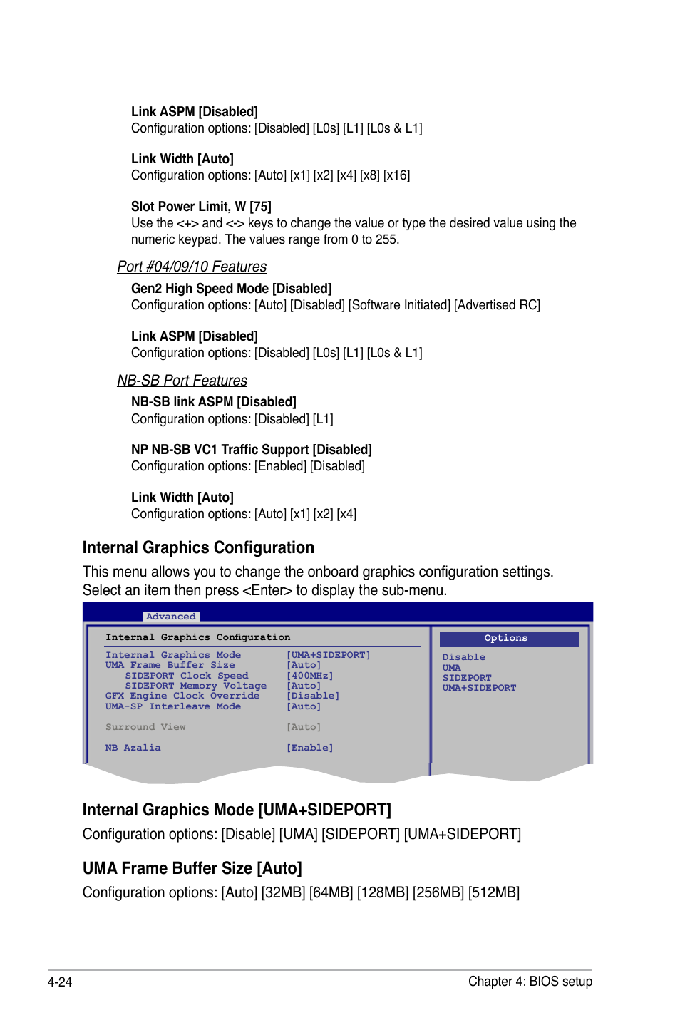 Internal graphics configuration, Internal graphics mode [uma+sideport, Uma frame buffer size [auto | Nb-sb port features | Asus M3A78-T User Manual | Page 88 / 166