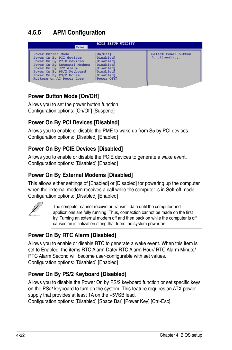 5 apm configuration, Power button mode [on/off, Power on by pci devices [disabled | Power on by pcie devices [disabled, Power on by external modems [disabled, Power on by rtc alarm [disabled, Power on by ps/2 keyboard [disabled | Asus M3A78-T User Manual | Page 96 / 166