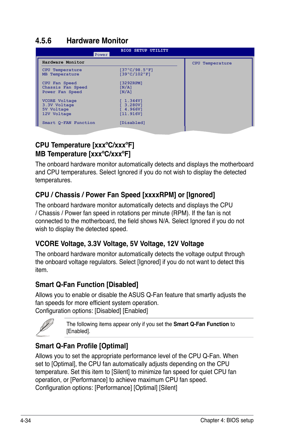 6 hardware monitor, Smart q-fan function [disabled, Smart q-fan profile [optimal | Asus M3A78-T User Manual | Page 98 / 166