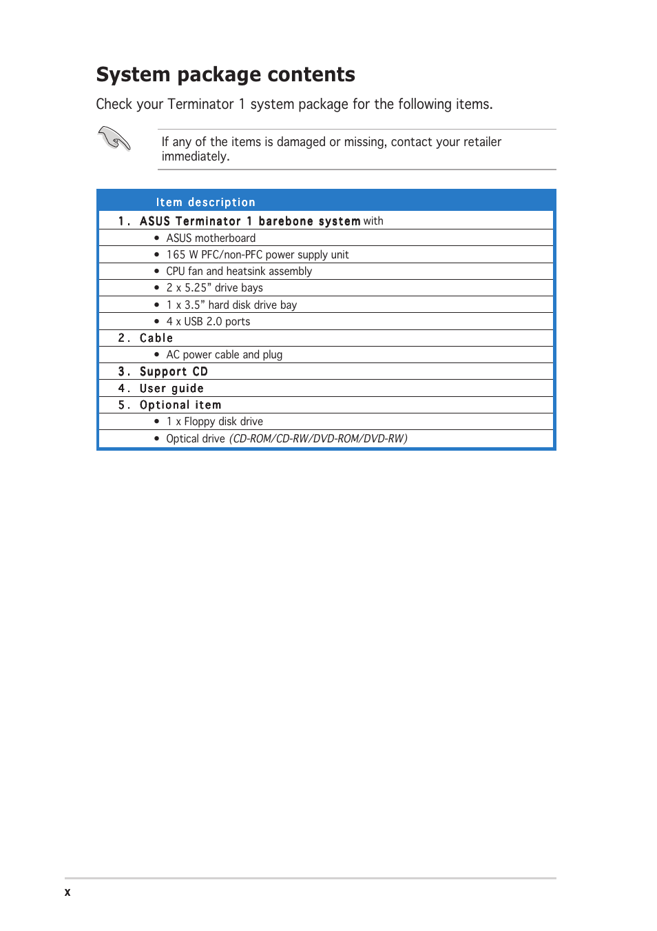 System package contents | Asus Barebone System A7VT400 User Manual | Page 10 / 98