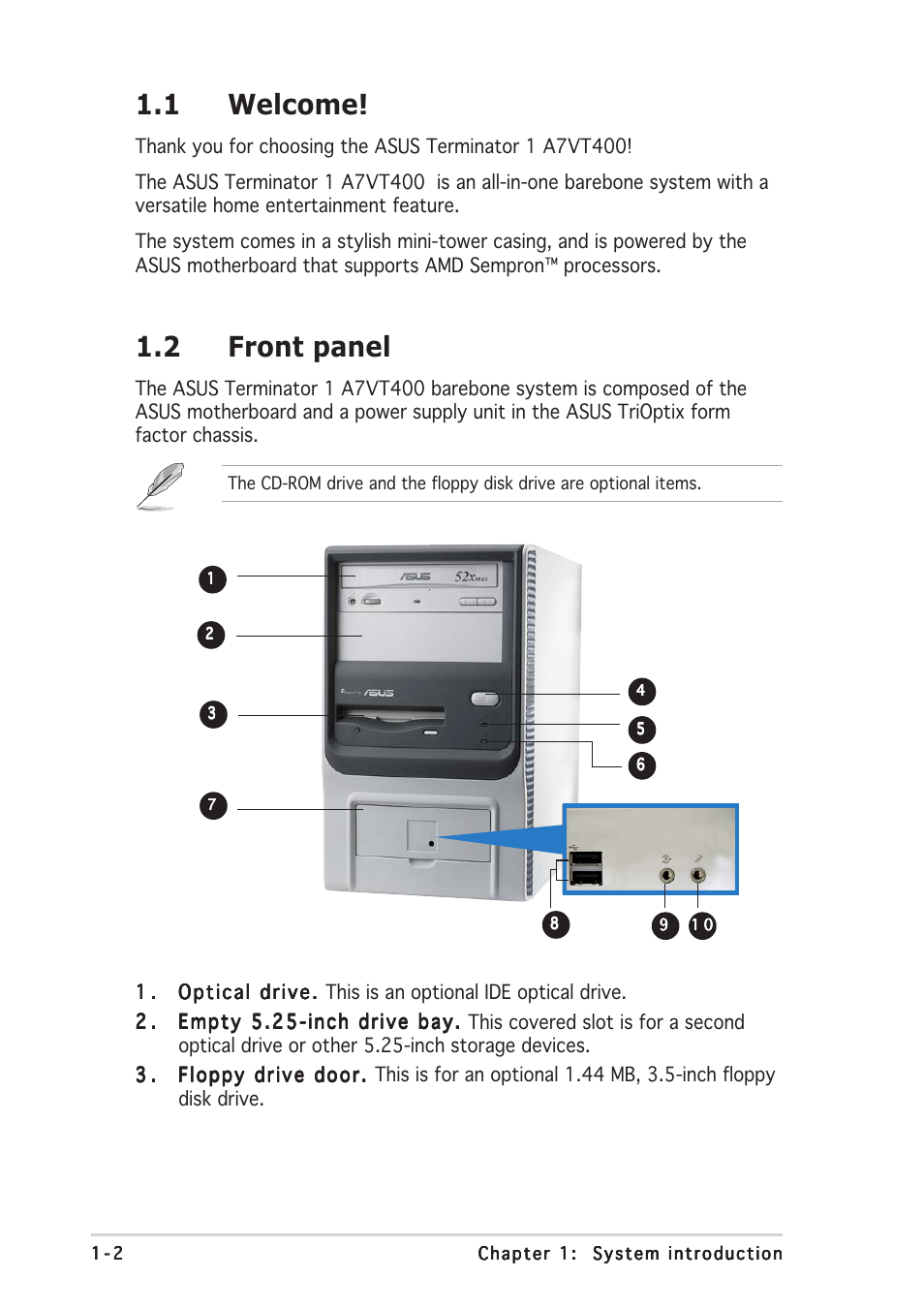 2 front panel, 1 welcome | Asus Barebone System A7VT400 User Manual | Page 12 / 98