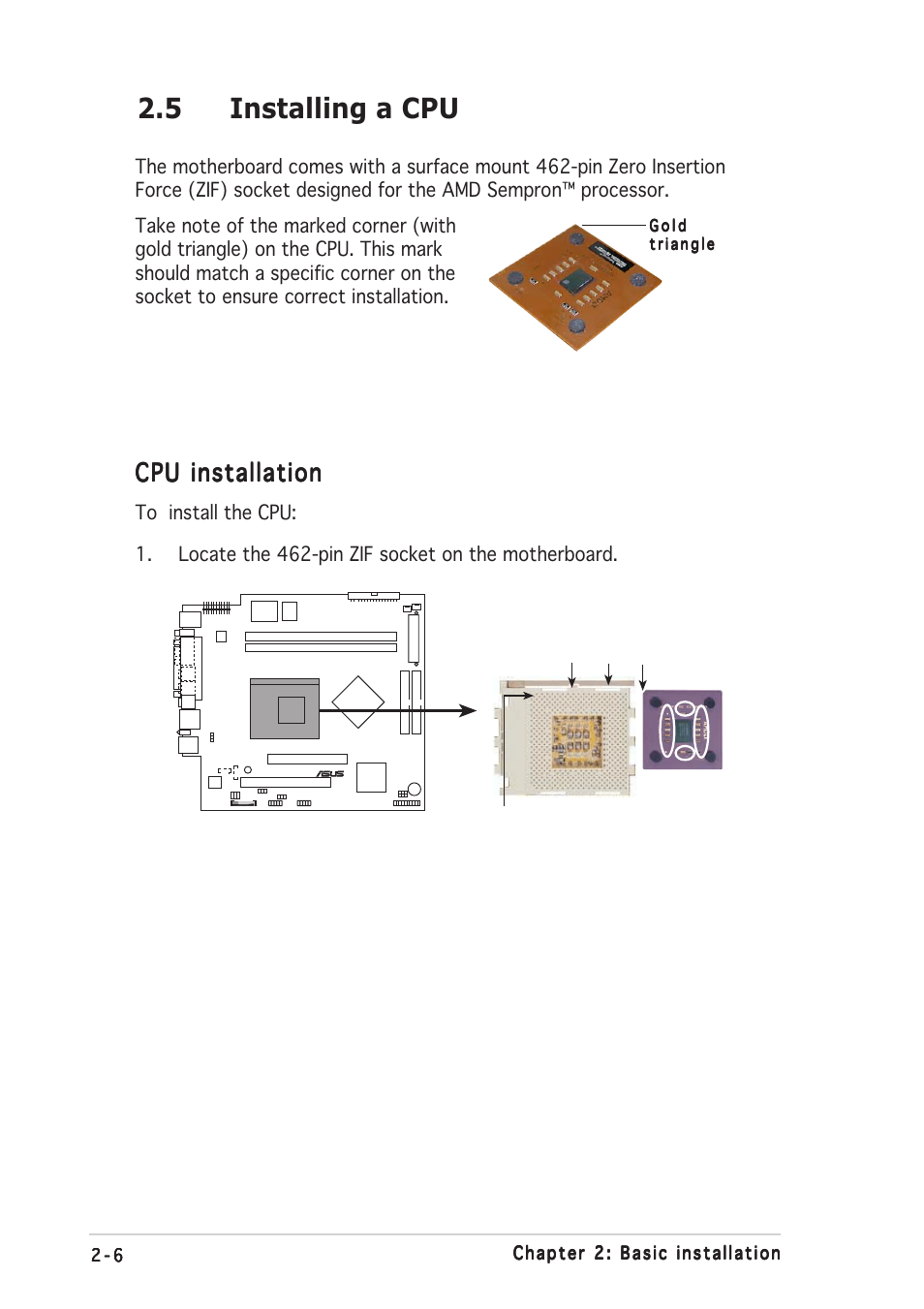 5 installing a cpu, Cpu installation | Asus Barebone System A7VT400 User Manual | Page 22 / 98