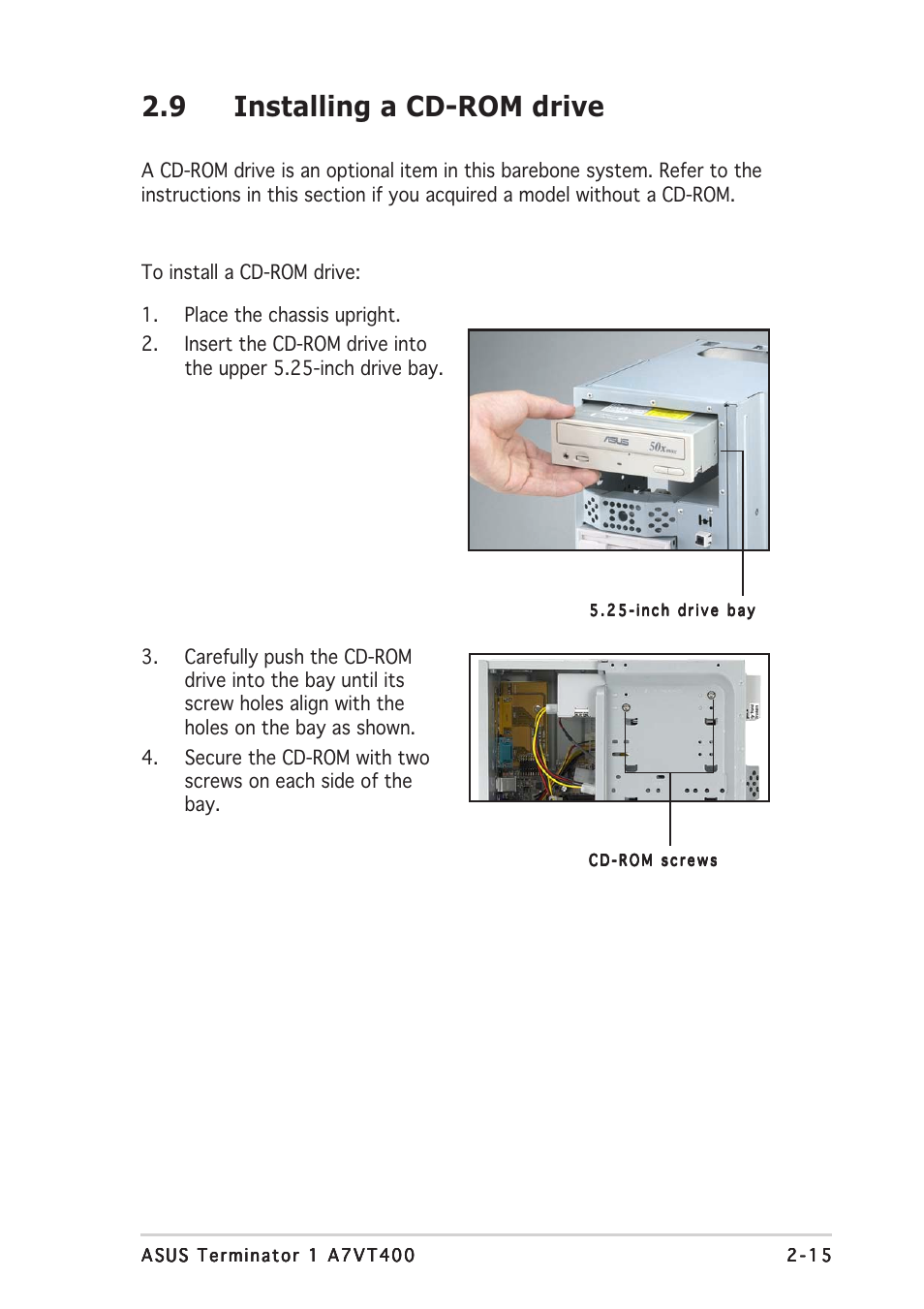 9 installing a cd-rom drive | Asus Barebone System A7VT400 User Manual | Page 31 / 98