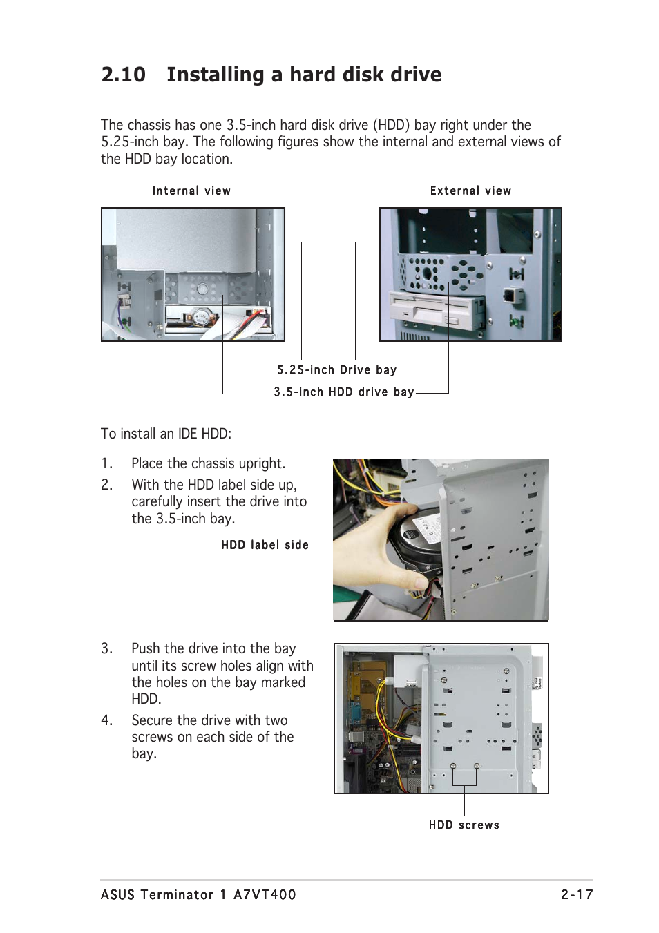 10 installing a hard disk drive | Asus Barebone System A7VT400 User Manual | Page 33 / 98