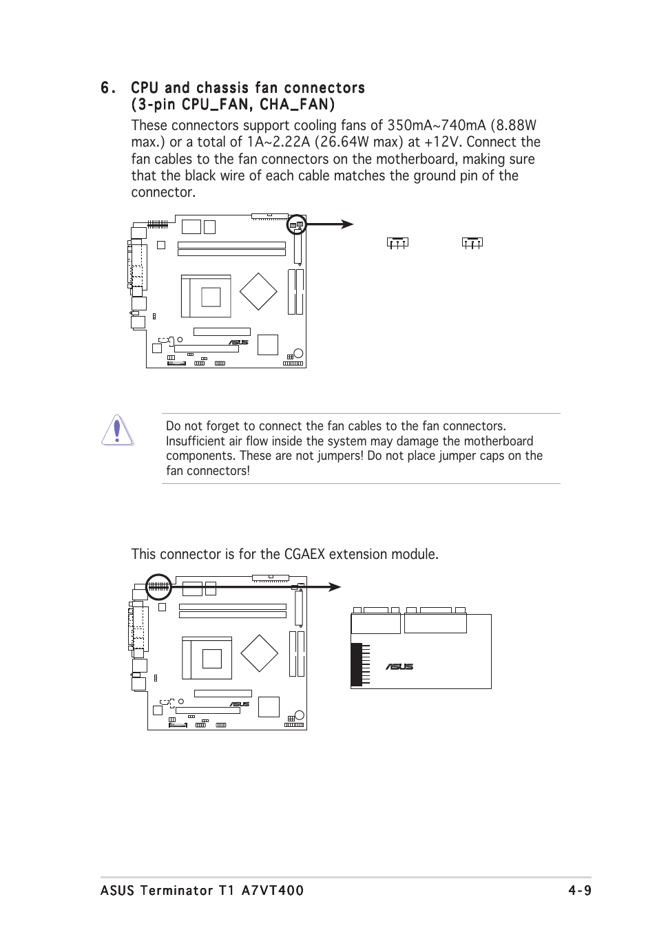 Io extension module connector (22-pin ioc_mb), This connector is for the cgaex extension module | Asus Barebone System A7VT400 User Manual | Page 61 / 98