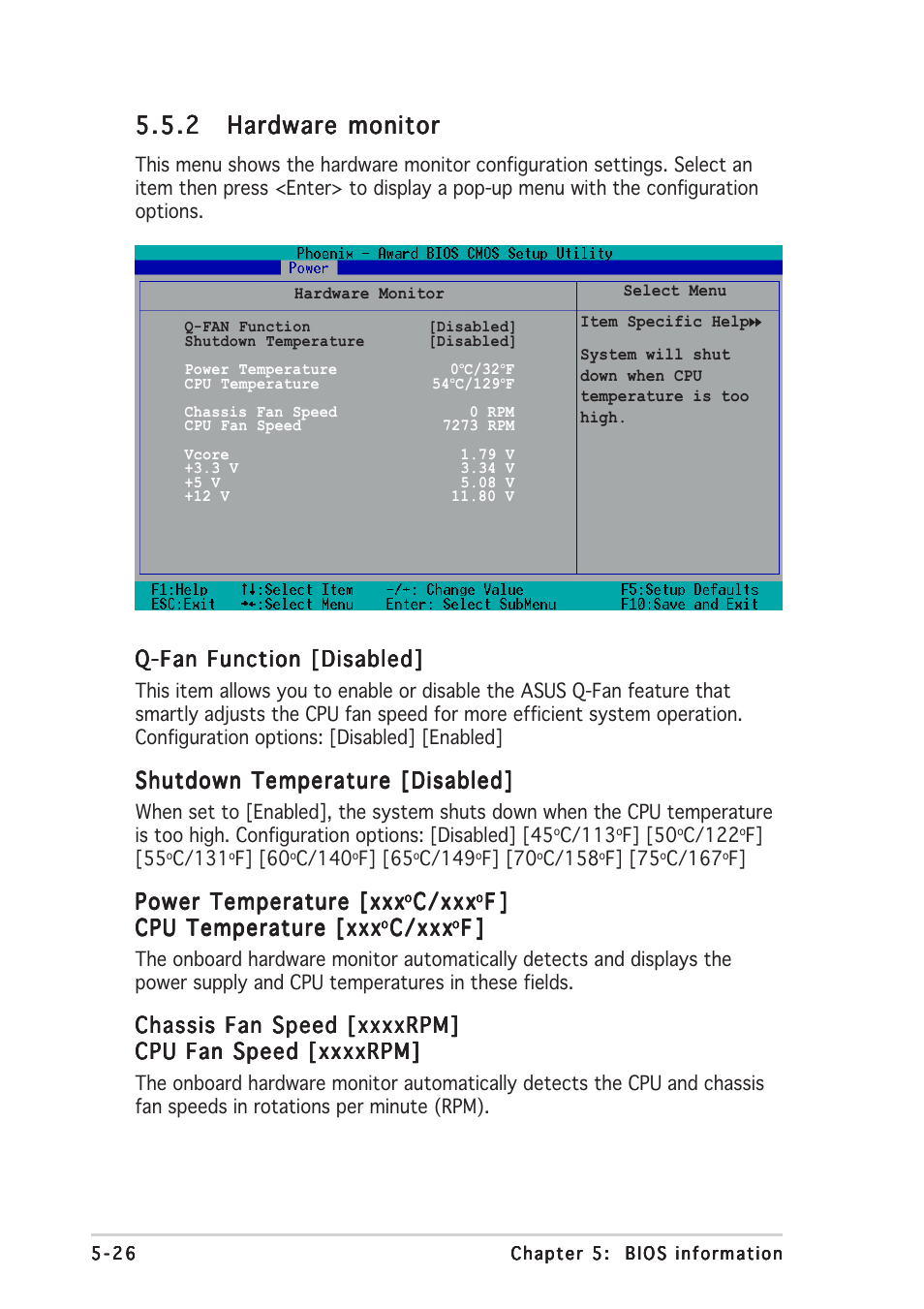 Q-fan function [disabled, Shutdown temperature [disabled, Power temperature [xxx | C/xxx | Asus Barebone System A7VT400 User Manual | Page 90 / 98