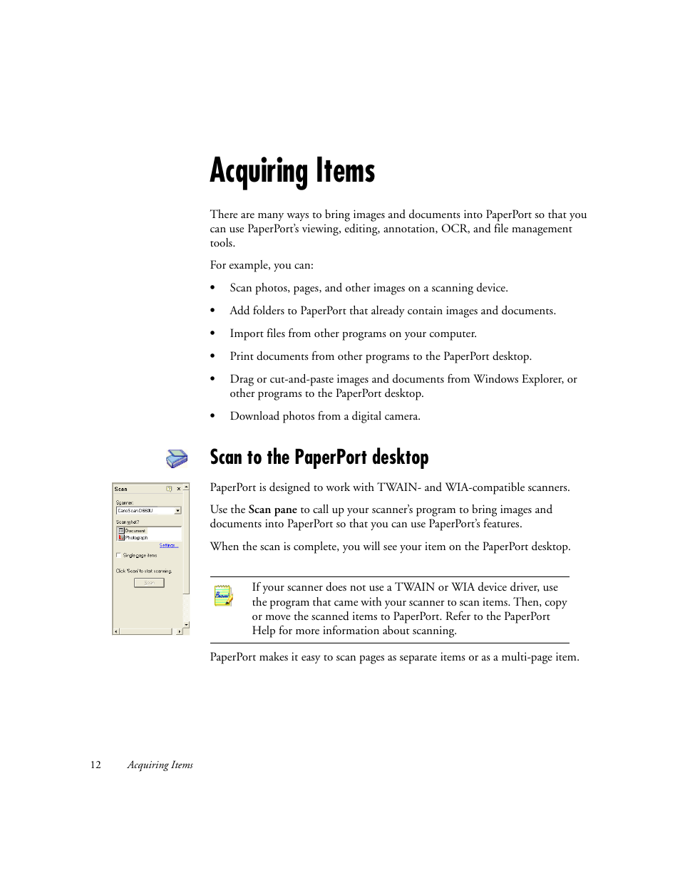 Acquiring items, Scan to the paperport desktop | Xerox WorkCentre M118-M118i-6221 User Manual | Page 12 / 25