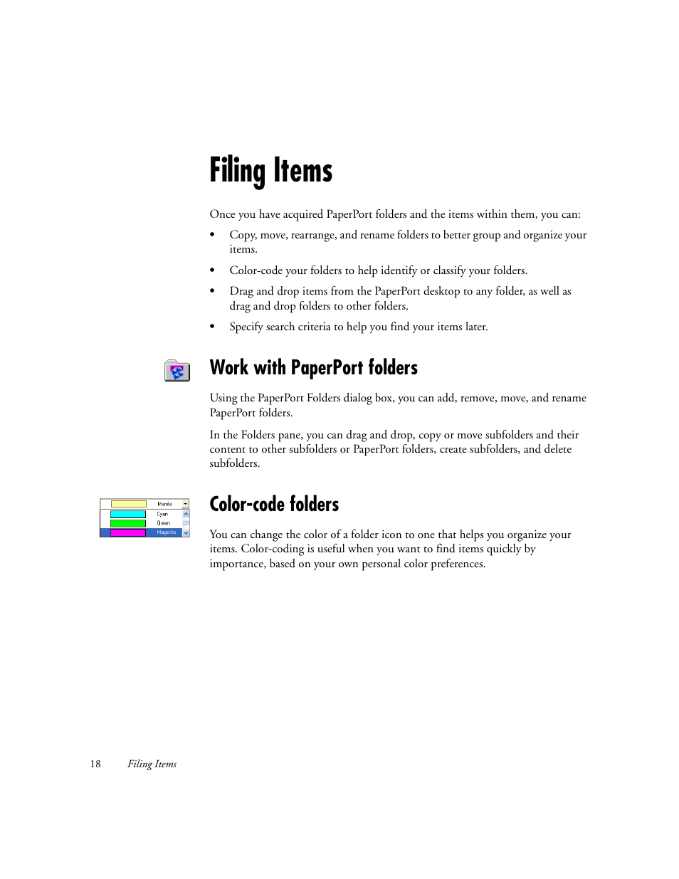 Filing items, Work with paperport folders, Color-code folders | Xerox WorkCentre M118-M118i-6221 User Manual | Page 18 / 25