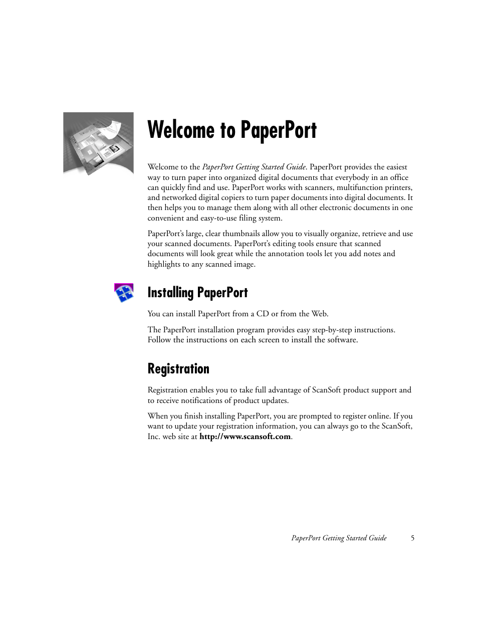 Welcome to paperport, Installing paperport, Registration | Xerox WorkCentre M118-M118i-6221 User Manual | Page 5 / 25