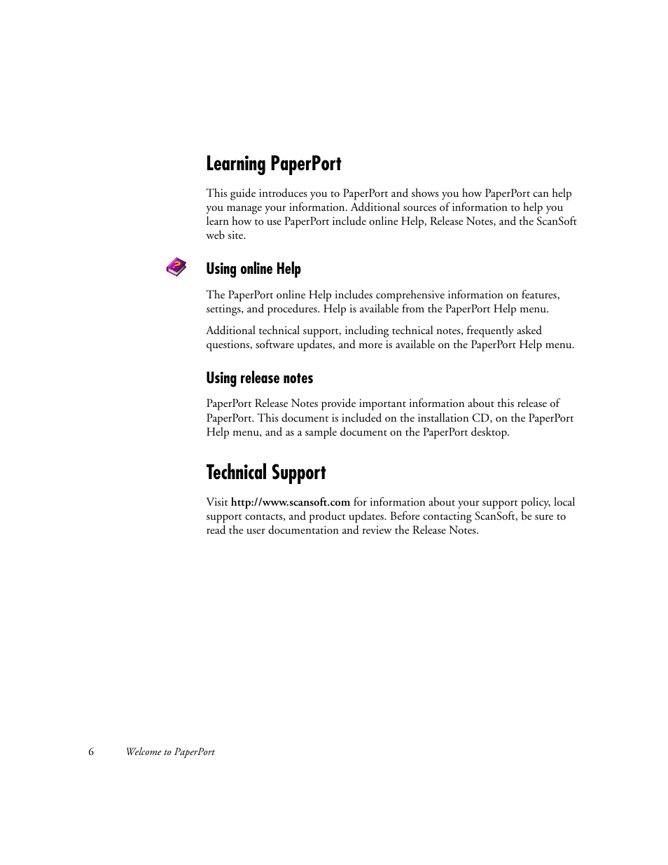 Learning paperport, Technical support, Using online help | Using release notes | Xerox WorkCentre M118-M118i-6221 User Manual | Page 6 / 25