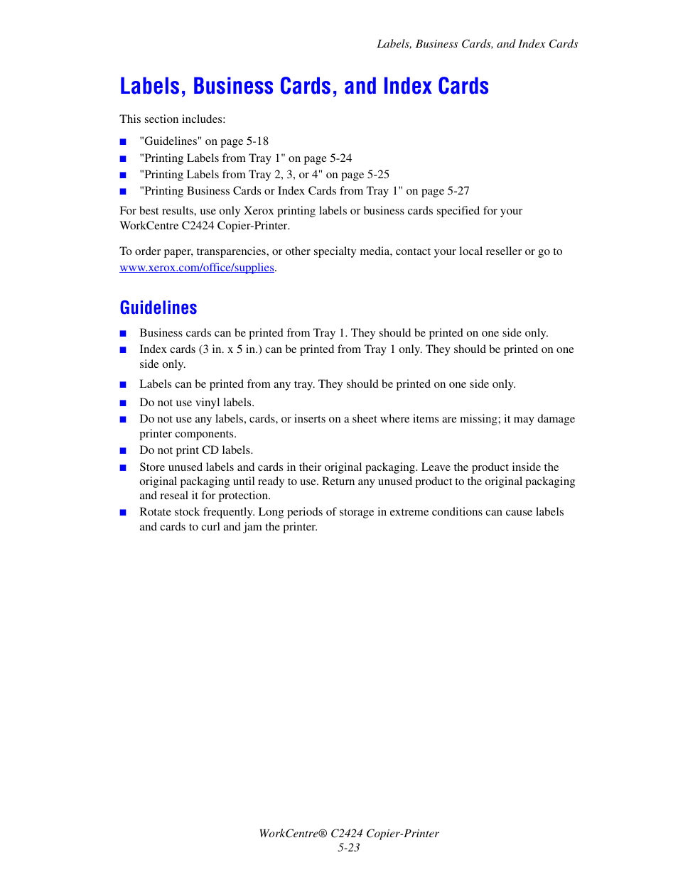 Labels, business cards, and index cards, Guidelines, Labels, business cards, and index cards -23 | Guidelines -23 | Xerox WorkCentre C2424-3833 User Manual | Page 108 / 272