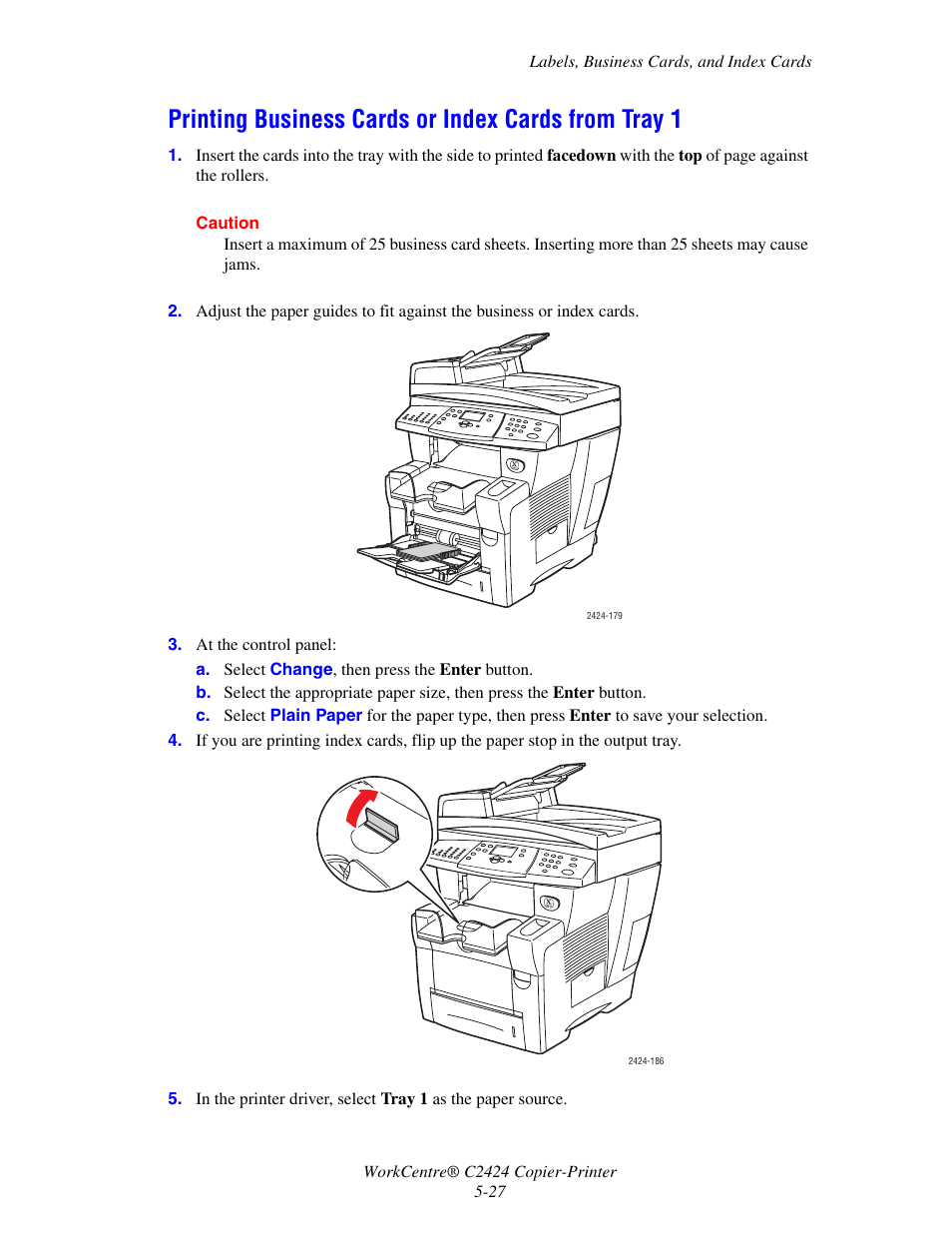 Printing business cards or index cards from tray 1 | Xerox WorkCentre C2424-3833 User Manual | Page 112 / 272