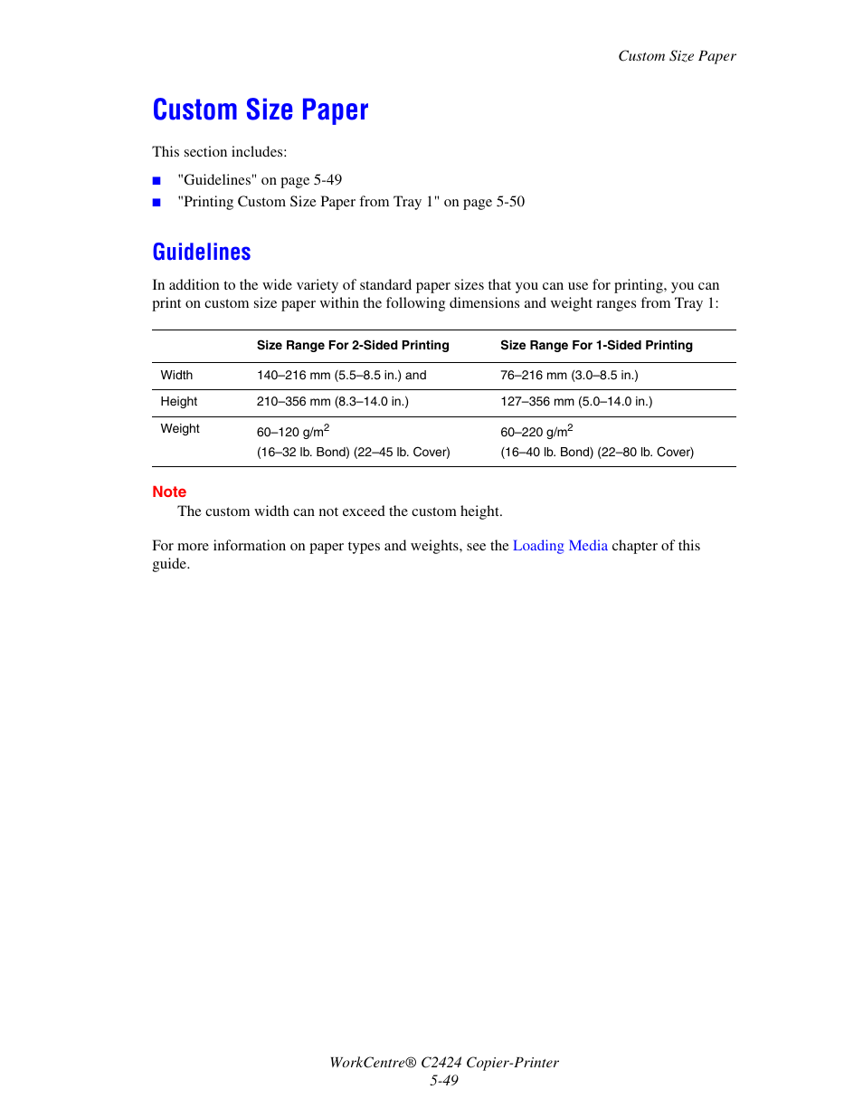 Custom size paper, Guidelines, Custom size paper -49 | Guidelines -49 | Xerox WorkCentre C2424-3833 User Manual | Page 134 / 272