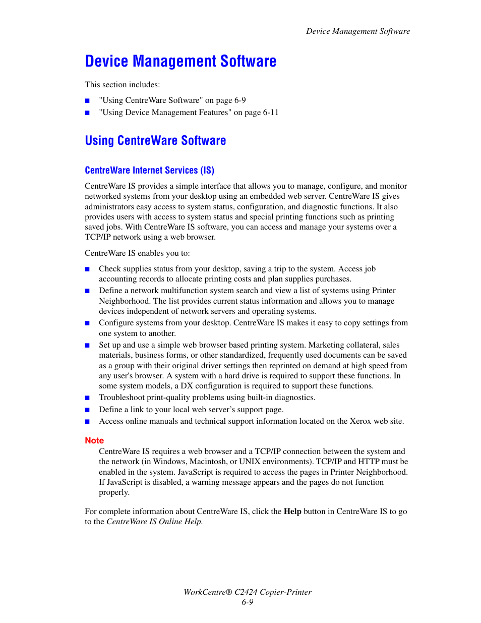 Device management software, Using centreware software, Device management software -9 | Using centreware software -9 | Xerox WorkCentre C2424-3833 User Manual | Page 159 / 272