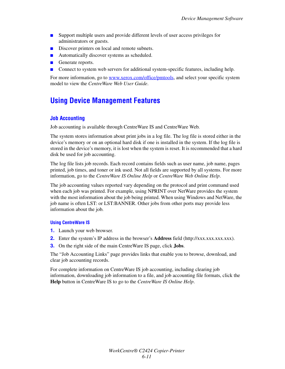 Using device management features, Using device management features -11 | Xerox WorkCentre C2424-3833 User Manual | Page 161 / 272