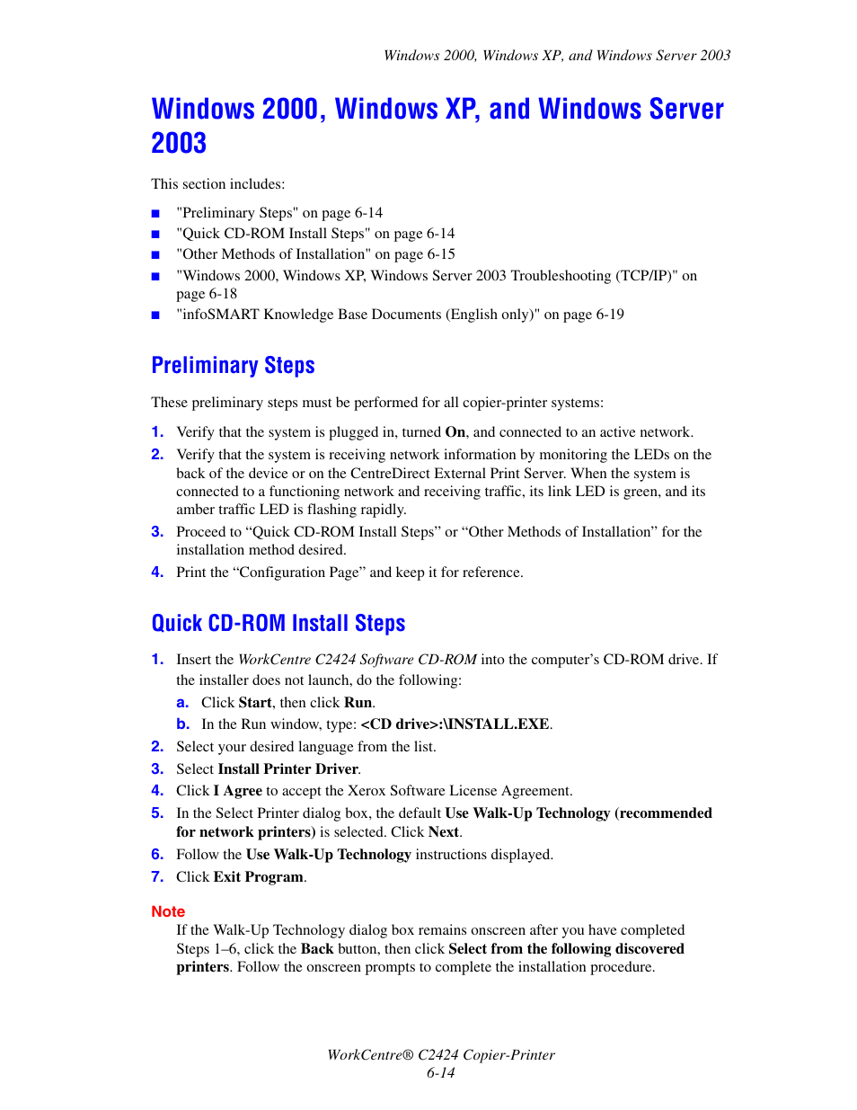 Windows 2000, windows xp, and windows server 2003, Preliminary steps, Quick cd-rom install steps | Xerox WorkCentre C2424-3833 User Manual | Page 164 / 272