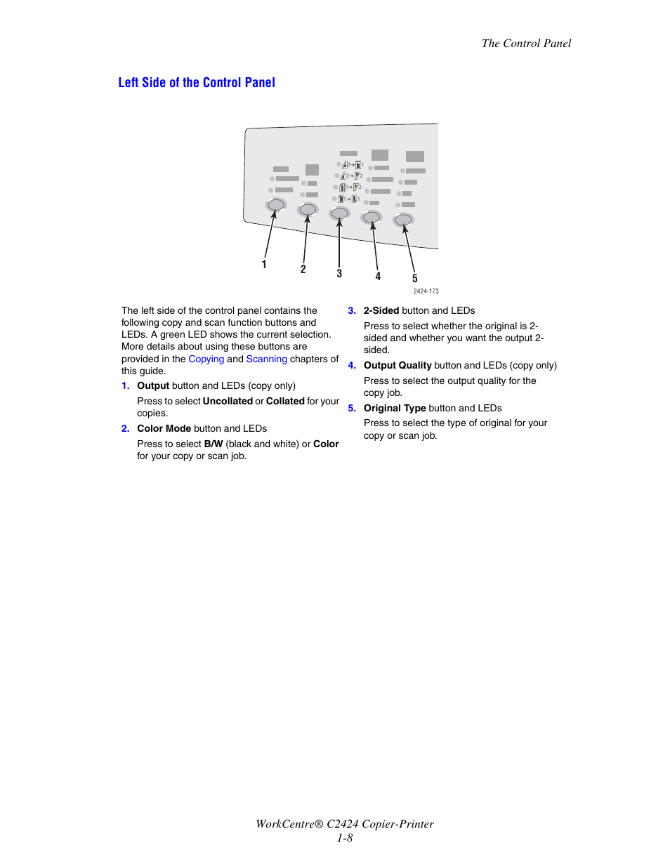 Left side of the control panel | Xerox WorkCentre C2424-3833 User Manual | Page 17 / 272