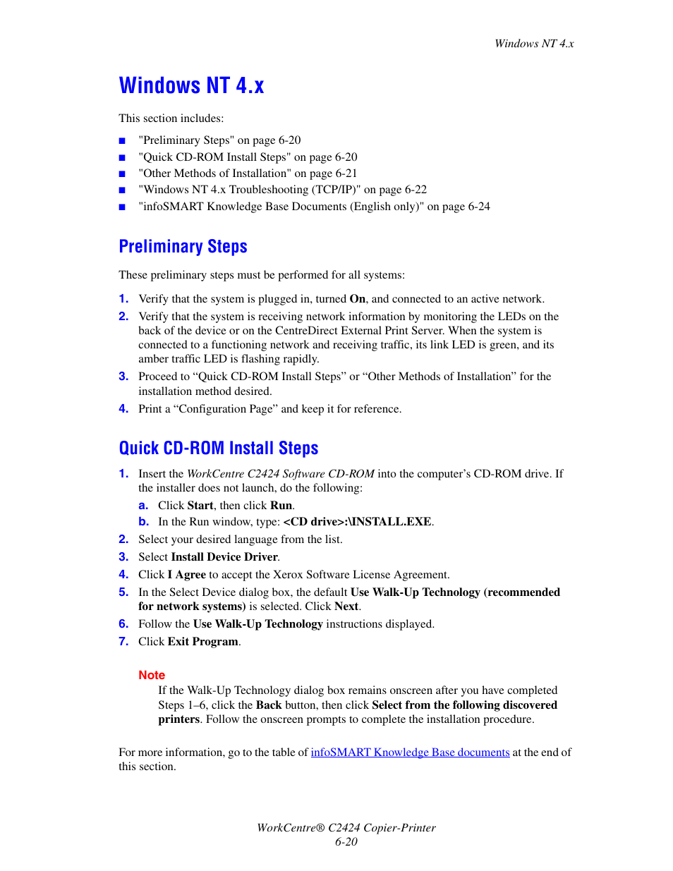 Windows nt 4.x, Preliminary steps, Quick cd-rom install steps | Windows nt 4.x -20 | Xerox WorkCentre C2424-3833 User Manual | Page 170 / 272